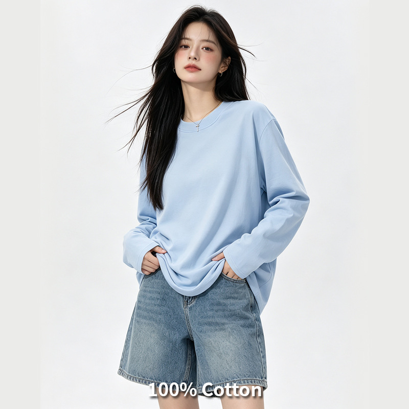 여성용 긴팔 티셔츠, 화이트 코튼 바텀 셔츠, 라운드 넥, 순면, 루즈한 솔리드 컬러, 남성용 및 여성용 다용도 탑, 맞춤형