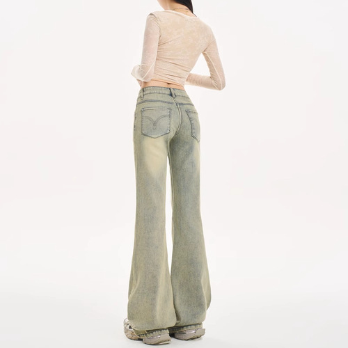 American Retro Bell Bottom Jeans for Women - Spring and Autumn New Low-Waist Loose Floor-Length Yellow Clay Color Non-Hugging Flared Pants