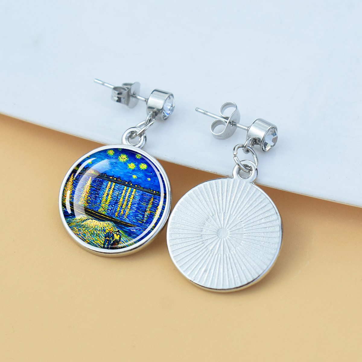 Pendientes de diamantes brillantes de flores Iris de girasol Van Gogh Art Starry Sky Pintura al óleo Pendientes de estilo europeo y americano medieval