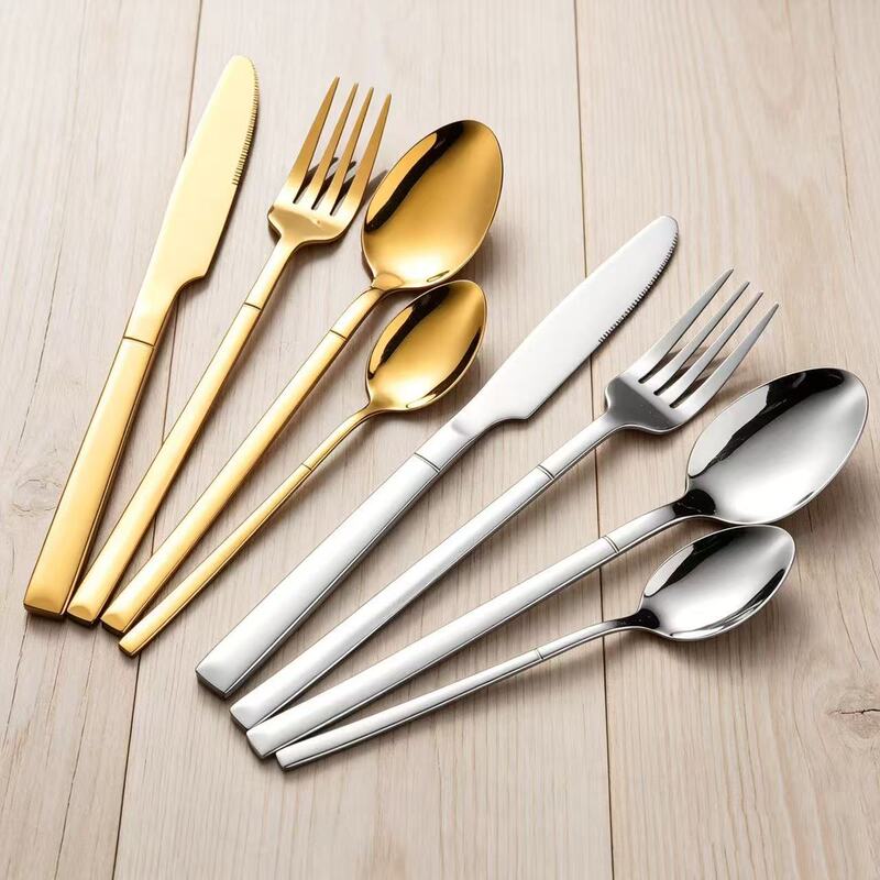 Cross-Border Stainless Steel 410 Knight Knife, Fork, and Spoon Cutlery Set with Thickened Square Handle, Steak Knife, Fork, Dessert Spoon, Gift Four-Piece Set