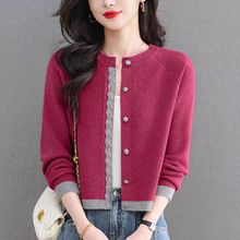 秋季撞色针织短款开衫女时髦显高拼接蕾丝边纽扣圆领小外套潮