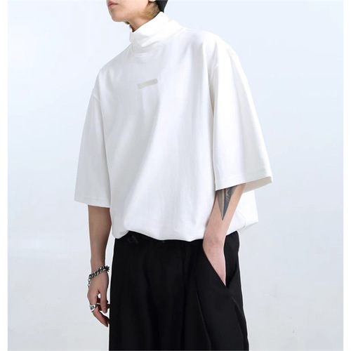 Men's Semi-High Collar Solid Color Short-Sleeve T-Shirt for Summer with a Sense of Elegance, Hairstylist Trendy Brand Men's Clothing, Simple Inner Layer Base Shirt