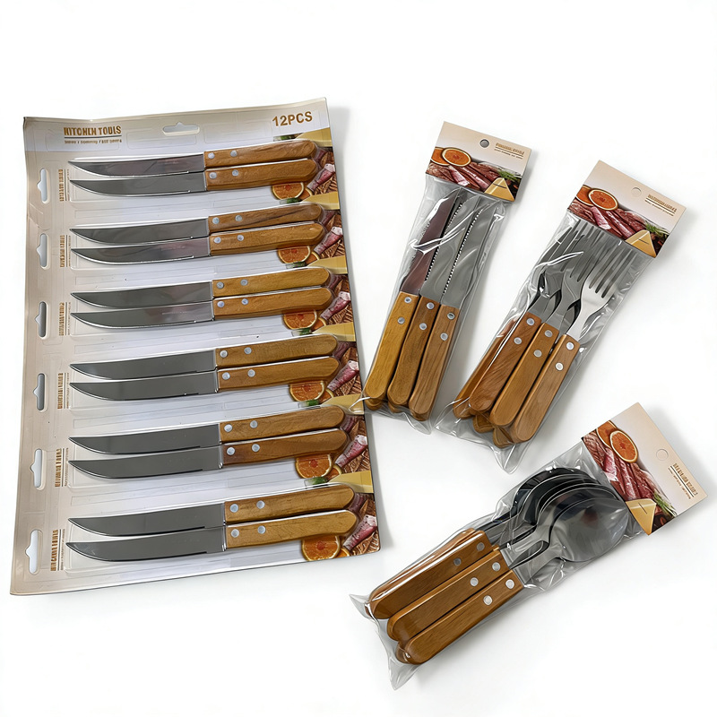 Comercio exterior de acero inoxidable cuchillo tenedor cuchara set 6pc mango de madera cuchillo de filete tenedor set 3pc cubiertos al por mayor