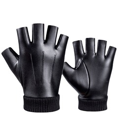 Half-finger leather gloves for men, suitable for autumn and winter, with extra lining for warmth, touch screen, outdoor riding, driving, waterproof, anti-slip, open finger design