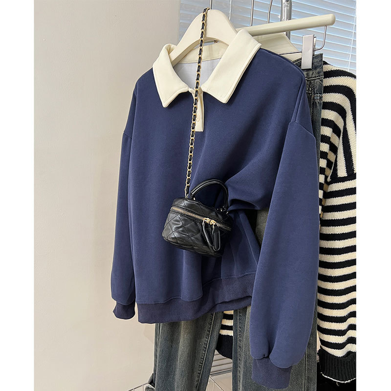 American Style Retro Color-block Polo Collar Sweatshirt Women's 2025 New Spring and Autumn Design Sense Niche Loose Long-sleeved Top Trendy American Style Retro Color-block Polo Collar Sweatshirt Women's 2025 New Spring and Autumn Design Sense Niche Loose Long-sleeved Top Trendy