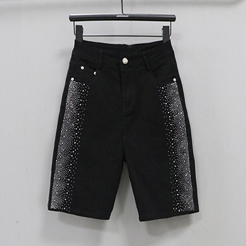 Straight Five-point Pants Women's Hot Drilling New Korean-style Dopamine Denim High-waist Casual Stretch Pants Riding Pants Outer Wear Straight Five-point Pants Women's Hot Drilling New Korean-style Dopamine Denim High-waist Casual Stretch Pants Riding Pants Outer Wear