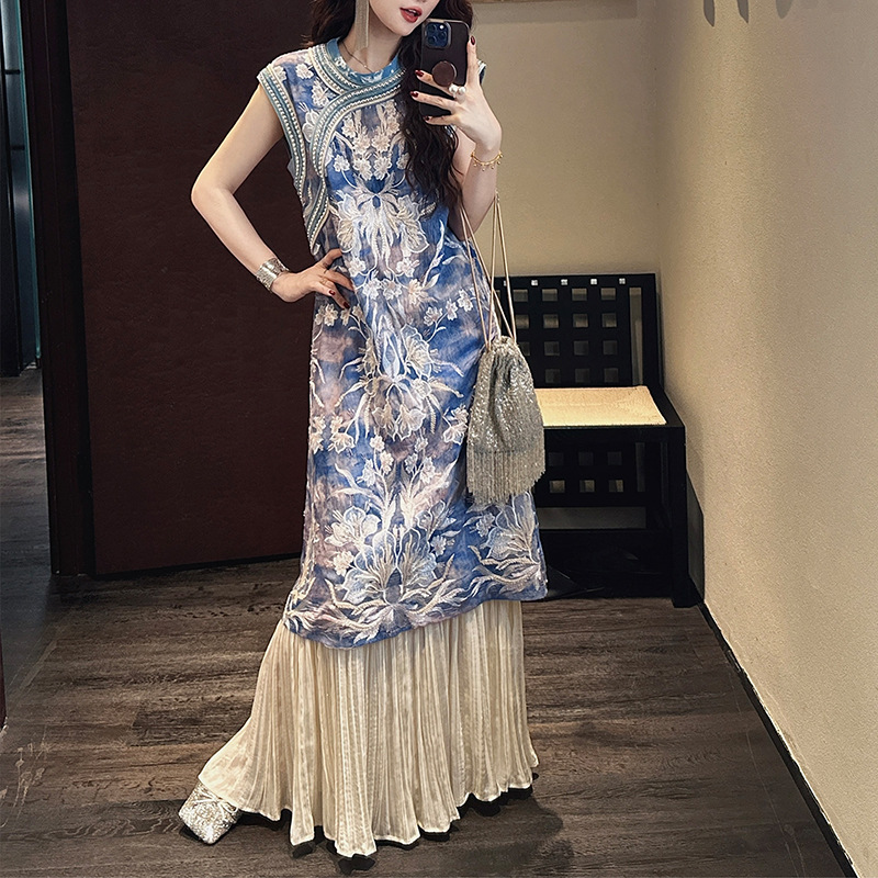 Spot Makeup New Chinoiserie National Style Dress 2025 New Heavy Industry Embroidered Vest Cheongsam Dress Mid-Length Skirt