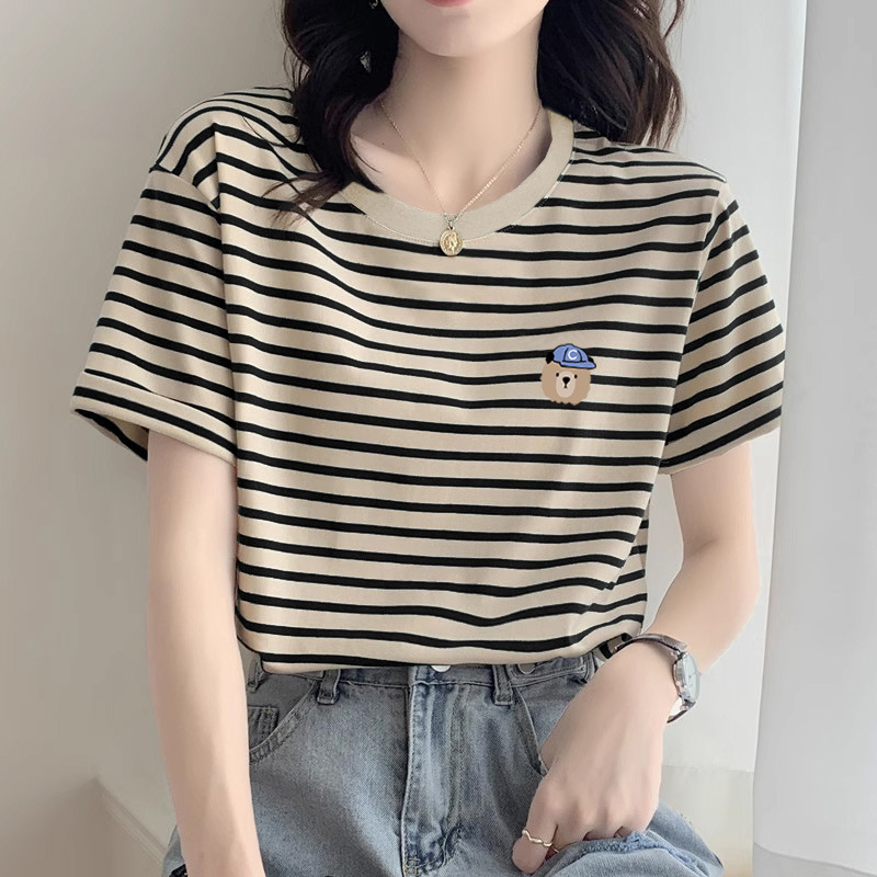 2025新款正肩条纹纯棉短袖t恤女时尚洋气宽松休闲上衣打底衫夏季|undefined