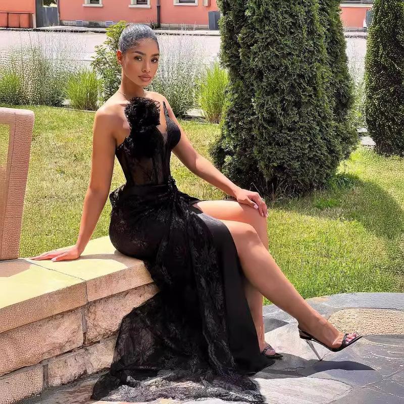 Elegant Black Sleeveless Backless Large Flower Lace Slim Tight Long Pleated Dress Women's Dress