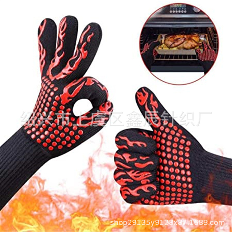 Bbq500 grados aramida resistente a altas temperaturas guantes ignífugos horno microondas aislamiento térmico hornear silicona barbacoa guantes