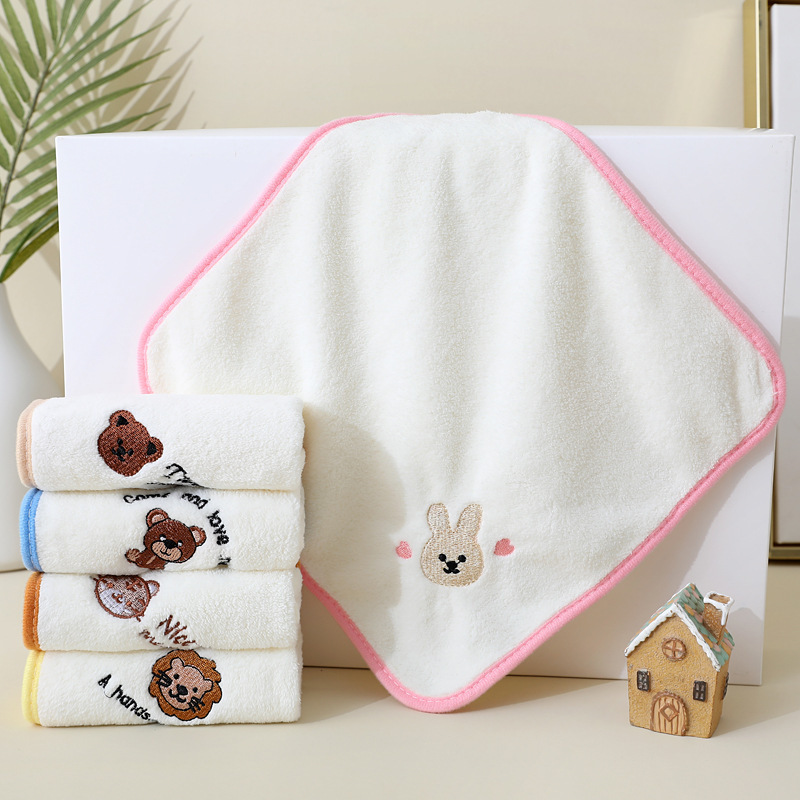 Coral Velvet Edged Square Towel Cartoon Bear Embroidered Saliva Towel Kindergarten Hand Towel Children's Baby Supplies Towel