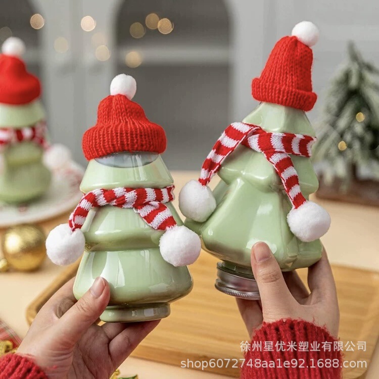 圣诞节奶茶杯姜饼人圣诞树雪人果汁瓶子卡通创意围巾塑料杯带盖|undefined