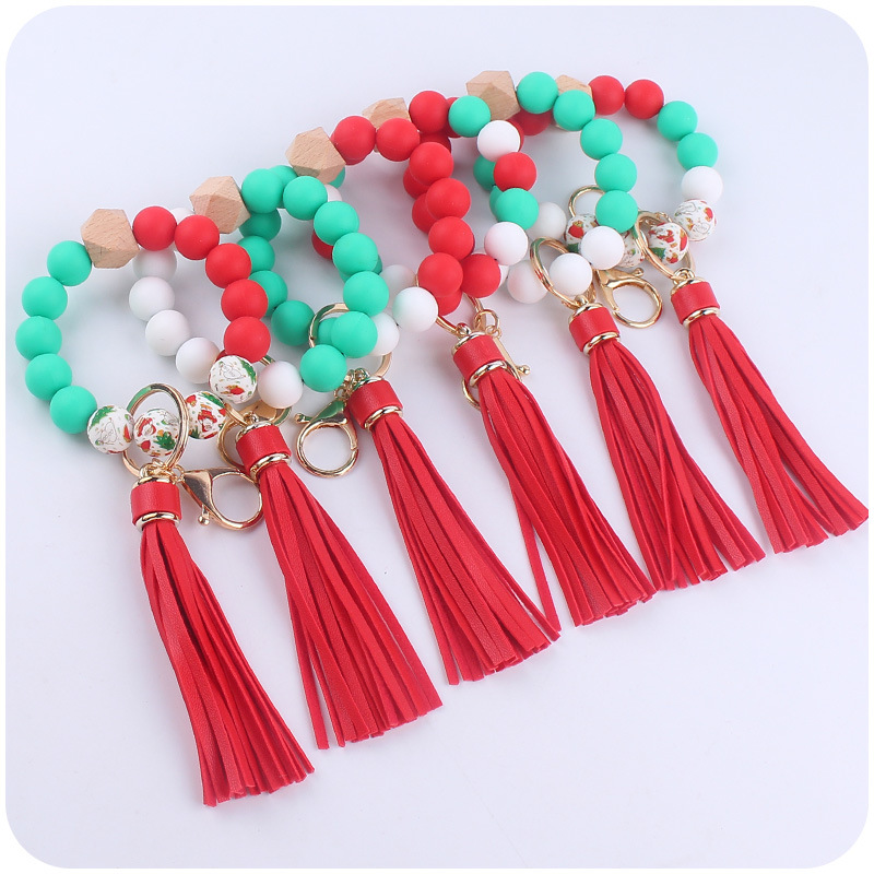 Nueva pulsera de silicona llavero creativo DIY Navidad cuentas de silicona borla colgante llavero colgante