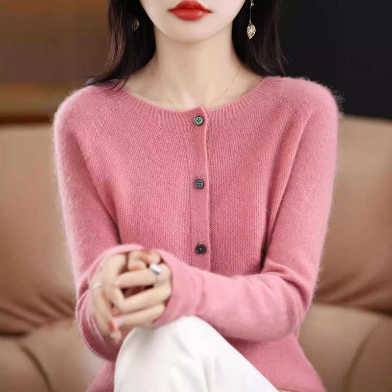 秋装新商品100% 純ウールカーディガン女性セーターコート一線成衣ゆるい長袖ニット上着薄い|undefined