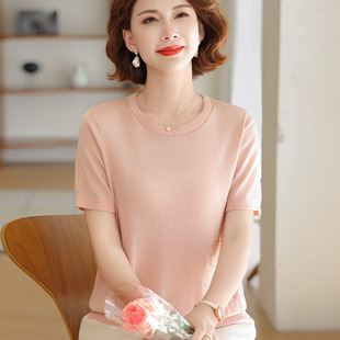 Mom's Summer Pure Color Age-Reducing Knitted Short-Sleeved Shirt, Elegant Top, Middle-Aged and Elderly Women's Fashionable Round Neck T-Shirt