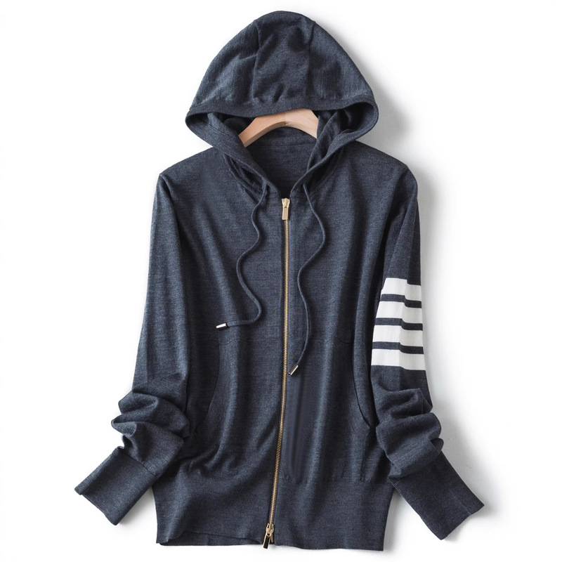 Light Luxury Yangzi Yarn Ultra-Fine Merino Wool Color-Block Striped Casual Sports Hooded Knit Sweater for Women 129