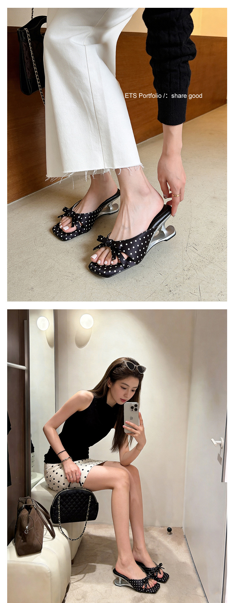Sandal cao gót nữ mũi vuông hở ngón, đế xuồng chấm bi nơ bướm, gót 6 cm — màu đen, màu trắng ngà, màu mơ chi tiết 14