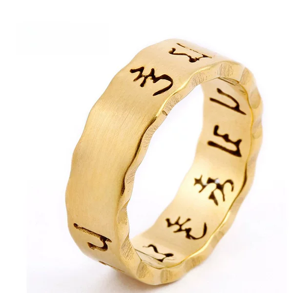 Cross-border source factory laser cutting six-character mantra color plating hollow stainless steel jewelry titanium steel gold ring