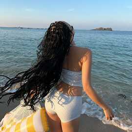 可爱少女纯欲小香风感格子小胸保守平角裤分体游泳衣女泳装