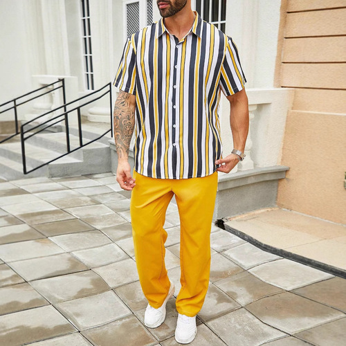 2025 Temu Amazon Cross-border Fashion Casual Men's Plus Size Striped Short-sleeve Shirt + Pants Set