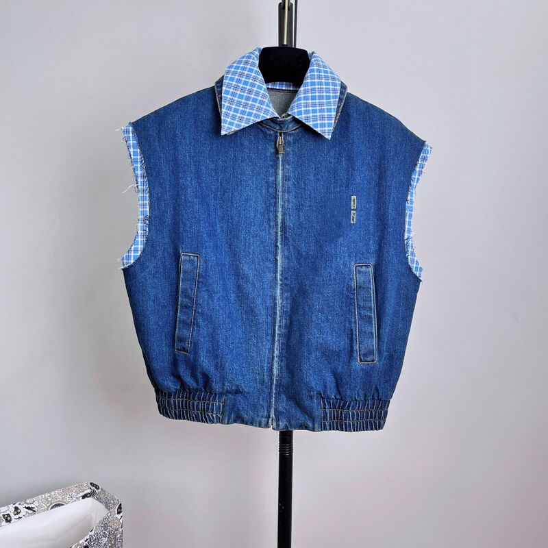 Heavy-duty Hand-torn Plaid Shirt Stitching Embroidered Letter Loose Design Sleeveless Denim Jacket Vest Jacket Women