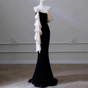 Black Evening Dress 2025 New One-Shoulder Accessible Luxury Niche Banquet Host Waist Fishtail Dress Dress