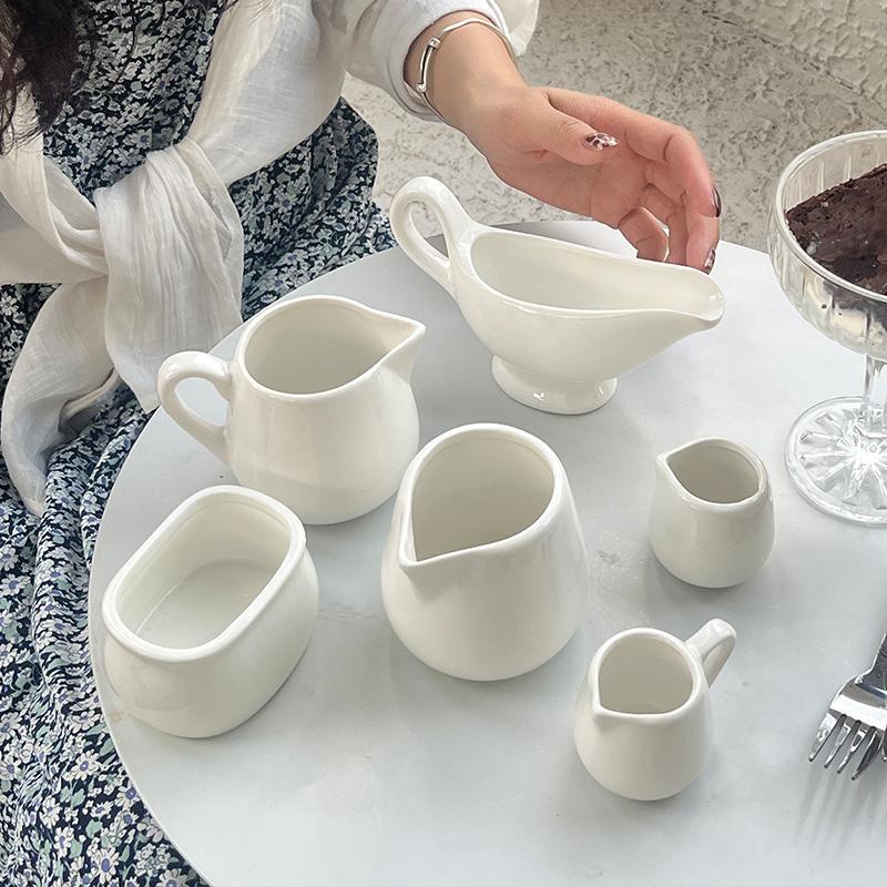 Pure White Ceramic Coffee Milk Jug, Sauce Pot with Handle, Large and Small Sugar Bowl, Milk Spoon, Spout Cup