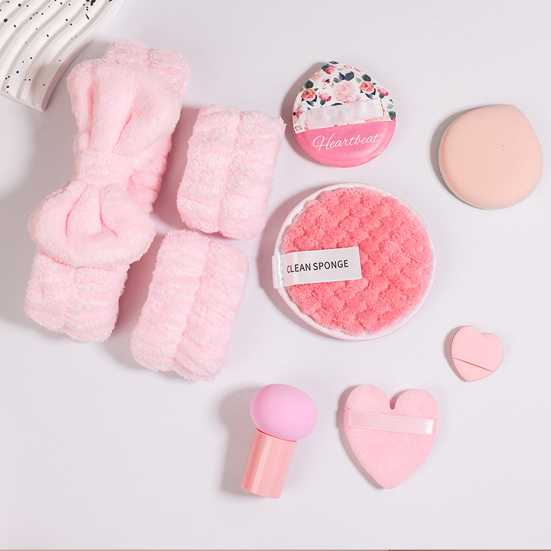 Coral veludo cabello banda de maquillaje huevo banda de cabello polvo de lavado de cara conjunto de lavado de cara polvo de algodón transfronterizo polvo de polvo image 7