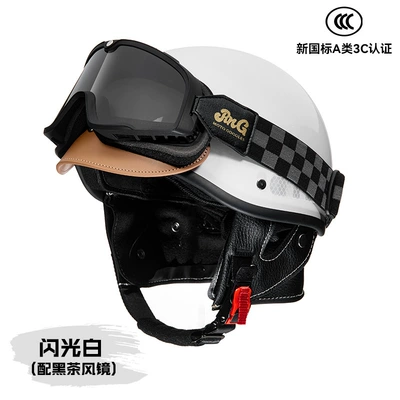 Motosiklet kaskı (dəbilqə) — Retro Helmet, Trendy - glitter-white-with-black-tea-goggles-adjustable-head-circumference-58-62cm