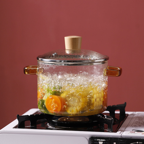 Glass pot high borosilicate wood handle double-ear pot soup stew pot household transparent heat-resistant soup pot