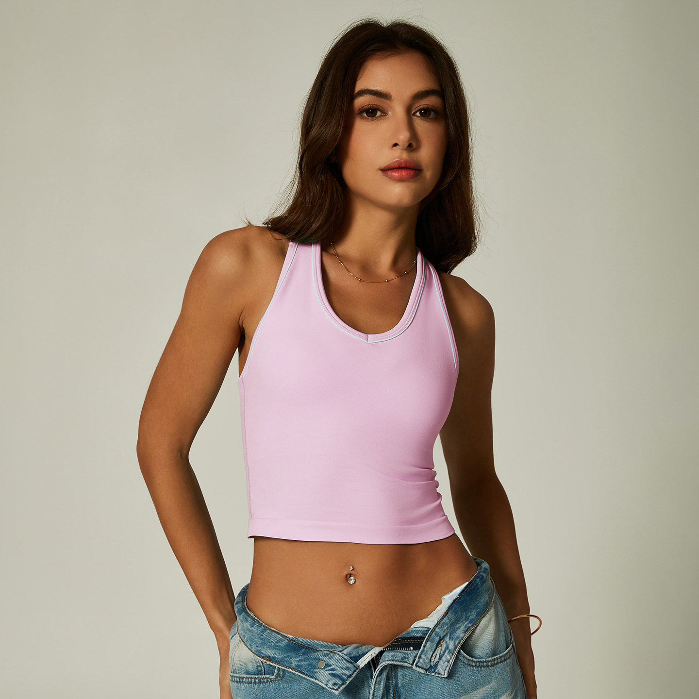 Europa y los Estados Unidos de nuevo color cruzado chaleco de cuello en V delgado camiseta sin mangas de cintura alta para correr camiseta deportiva