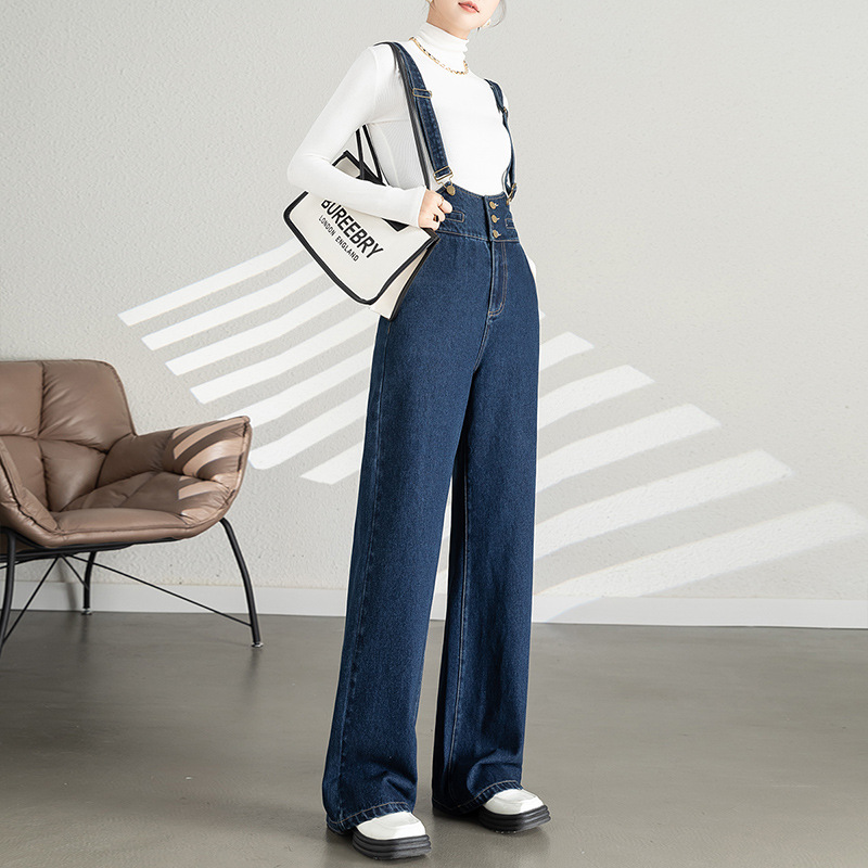 Quần yếm denim nữ dáng rộng ống rộng cạp cao ống thẳng — Màu xanh lam