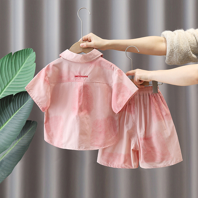 7141 Traje de camisa rosa para niños 2025 nuevo verano niño de manga corta bebé verano delgado traje de dos piezas de moda
