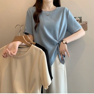 Plus Size Fat Girl Fashion Design Asymmetrical Short-Sleeved T-Shirt Women's Summer Twist Pleated Slimming Look Belly-Covering Top