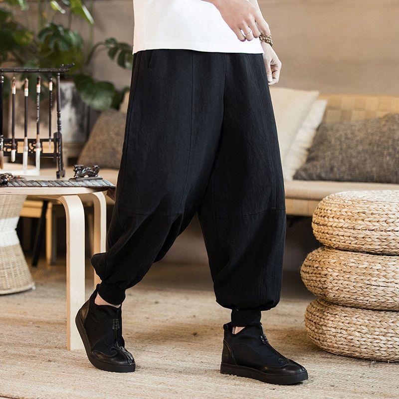 Pantalones casuales de primavera y verano para hombres, pantalones harem de lino de algodón de pierna ancha, pantalones harem, pantalones de linterna ajustados para hombres de tendencia suelta