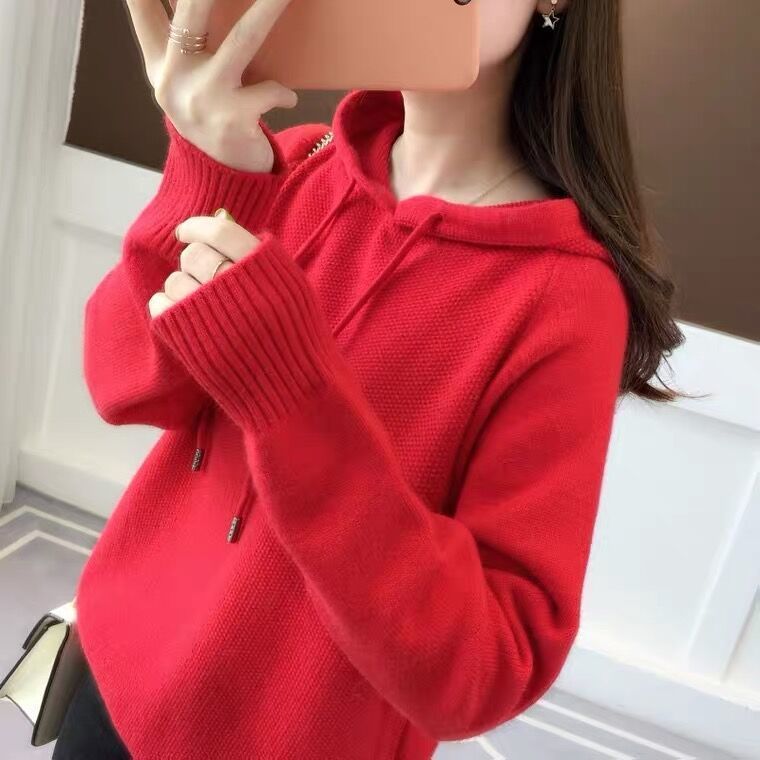 大码连帽卫衣女2025秋冬新款长袖宽松百搭针织衫纯色上衣打底衫女|undefined