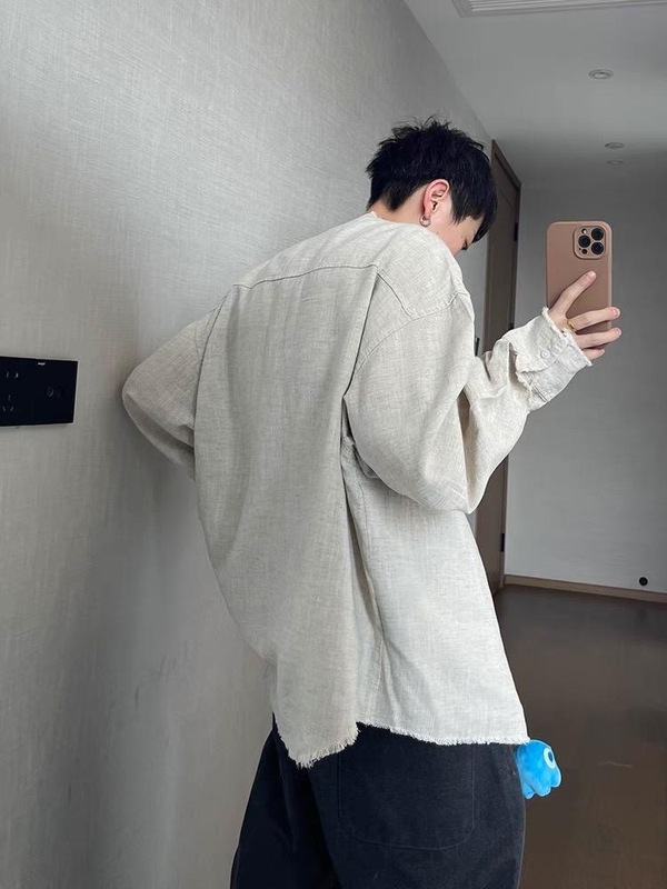 老钱风复古毛边亚麻衬衫男夏季薄款高级感慵懒风长袖衬衣防晒外套|undefined
