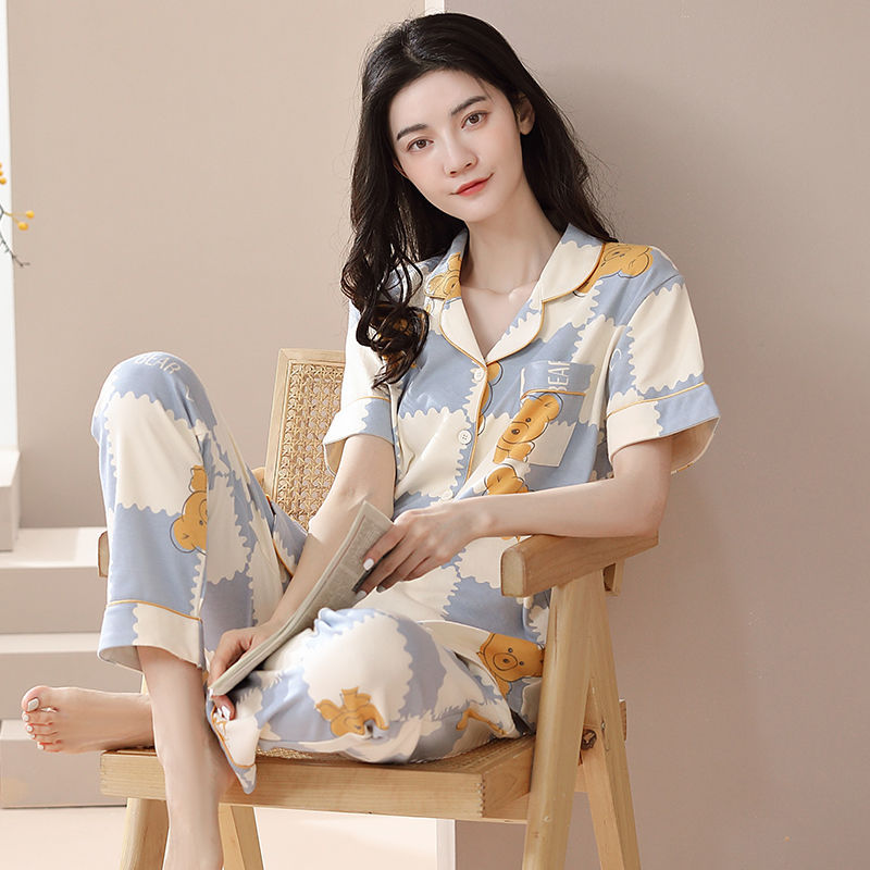 Pijamas de mujer primavera y verano 2023 nuevo 100% algodón cardigan pantalones de manga corta casual traje de desgaste para el hogar