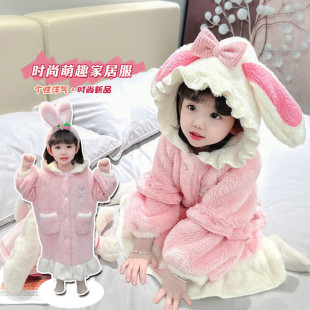 Girls Pajamas Flannel Winter Pajamas Children Baby Girls Coral Fleece Cute Bunny Home Clothes Nightgown