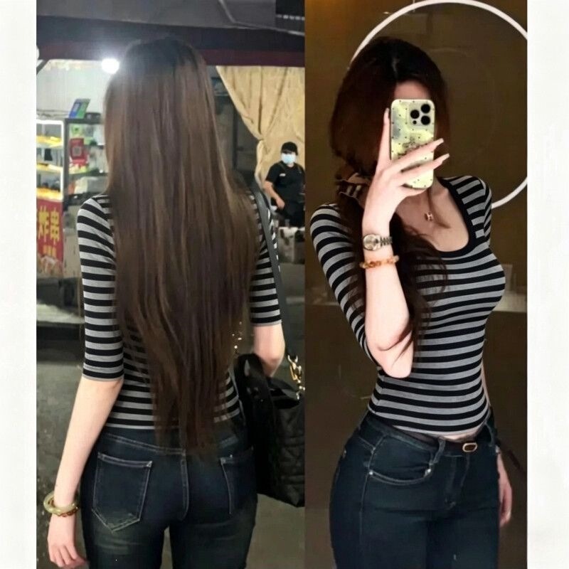 Yarn-Dyed Ice Silk Ribbed American-Style Spicy Girl Short-Sleeve U-Neck T-Shirt for Women, Black and Gray Striped Slim-Fit Pure Desire Short Waist-Cinching Top