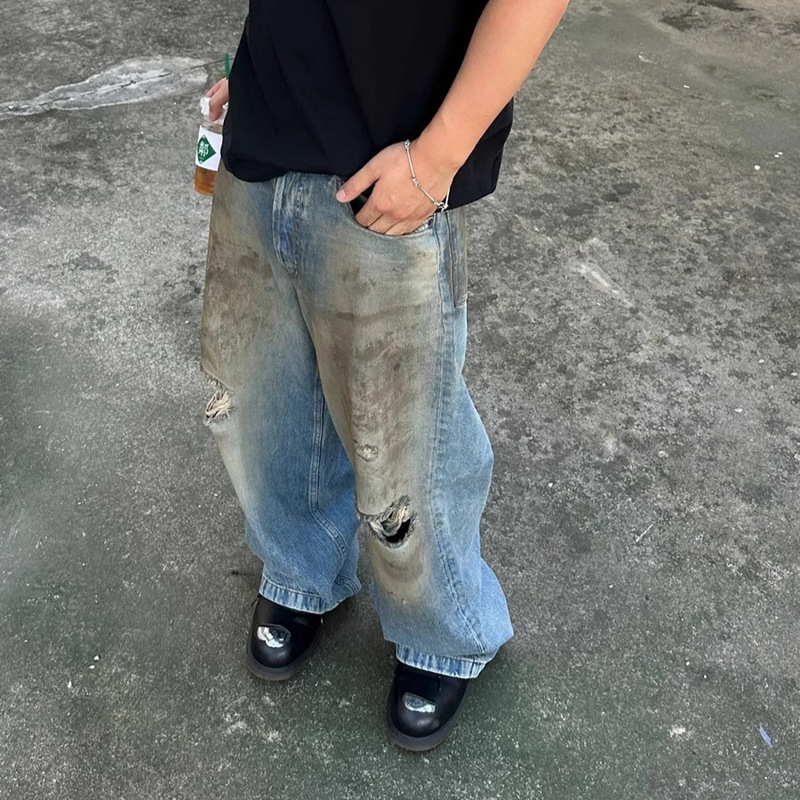 Unique Vintage Washed Distressed Flared Jeans Spring Summer New Straight Loose Casual Versatile Long Pants