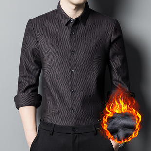Striped fleece-lined Thickened Shirt Men's Winter 2024 High-end Warm Shirt High-end Business Casual Men's Shirt