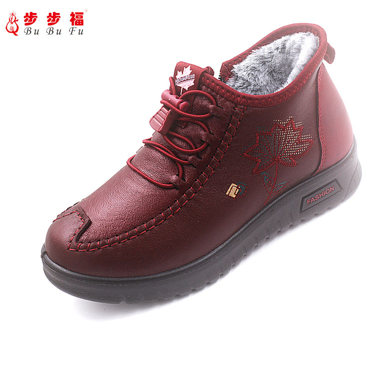 24年冬季新款加厚加绒女棉鞋一脚蹬平底老人鞋侧拉链保暖妈妈鞋