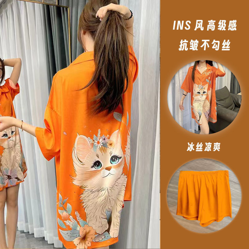 Trendy Popular Summer Women's Nightdress, Ice Silk Short-Sleeve Cute Sexy Shirt Dress, High-End Loose Plus Size Trendy Popular Summer Women's Nightdress, Ice Silk Short-Sleeve Cute Sexy Shirt Dress, High-End Loose Plus Size