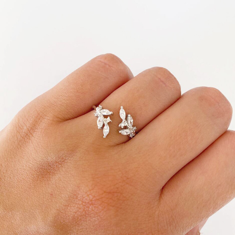 Fashion geometric diamond leaf 18k gold ring small personality open ring female