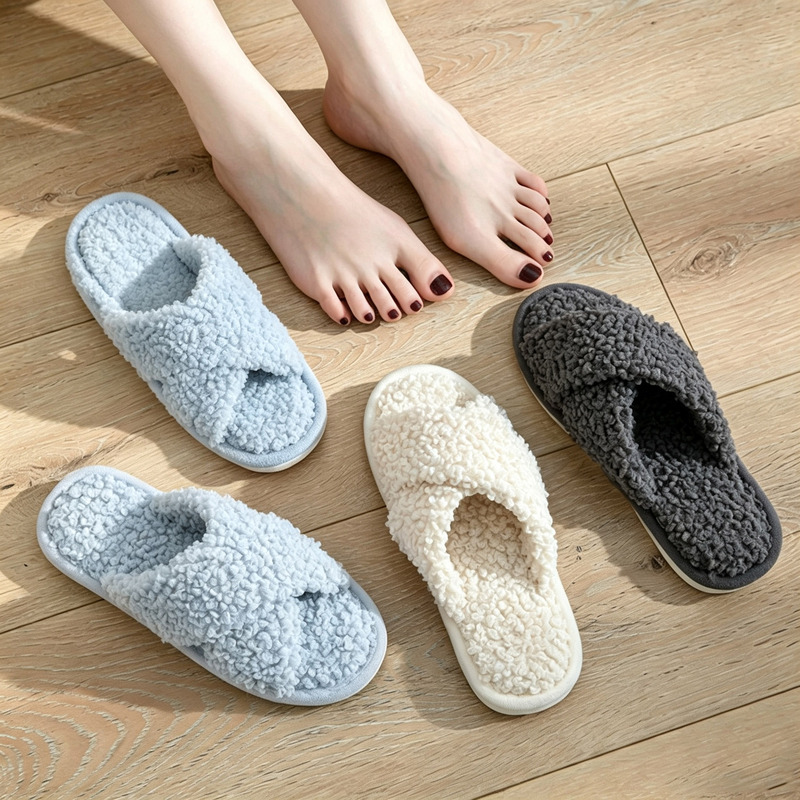 Cross-border hot-selling women's lamb wool two-strap indoor floor slippers, lightweight and comfortable home shoes, wholesale and dropshipping Cross-border hot-selling women's lamb wool two-strap indoor floor slippers, lightweight and comfortable home shoes, wholesale and dropshipping