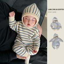 韩版婴儿连体衣秋冬装男女宝宝条纹毛衣保暖爬服新生儿针织包屁衣