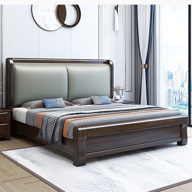 Cama de madera maciza de sandalwood, cuero suave, cama doble, cama de madera maciza moderna y simple, nueva cama de matrimonio de almacenamiento de estilo chino.