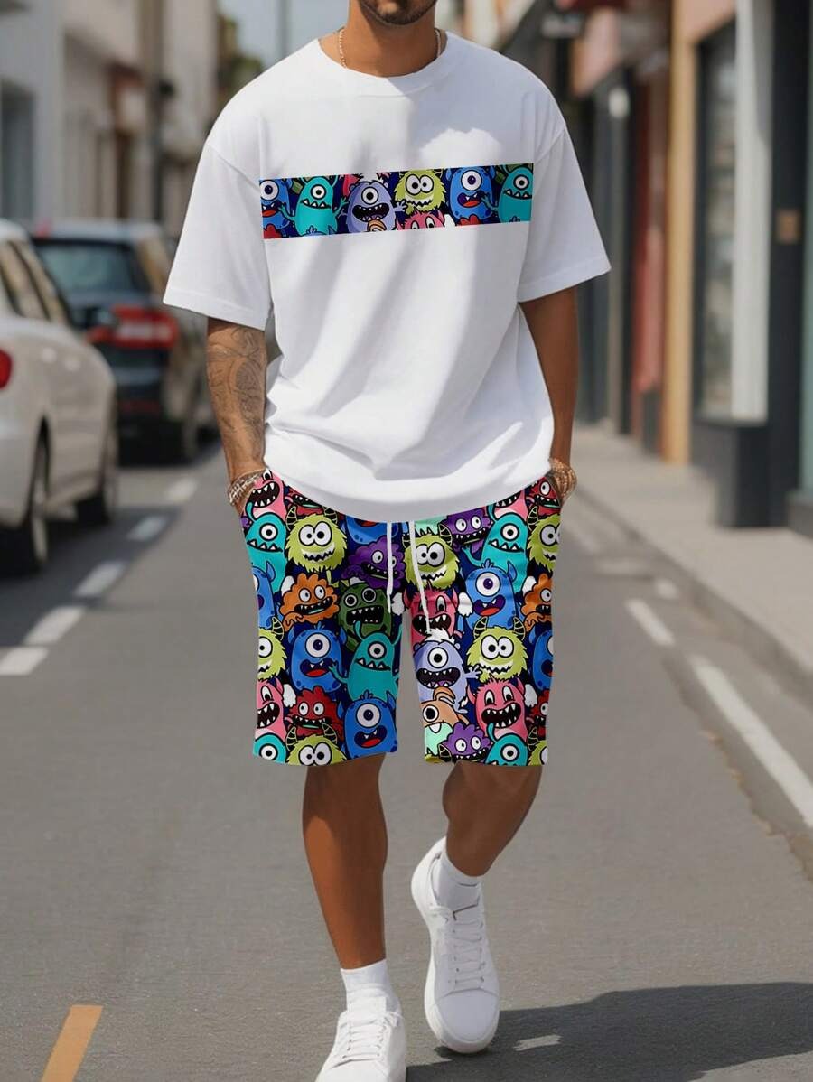 Diseño de personalidad patrón de letras de dibujos animados verano nuevo estilo calle ropa casual suelta traje de hip-hop americano ME13