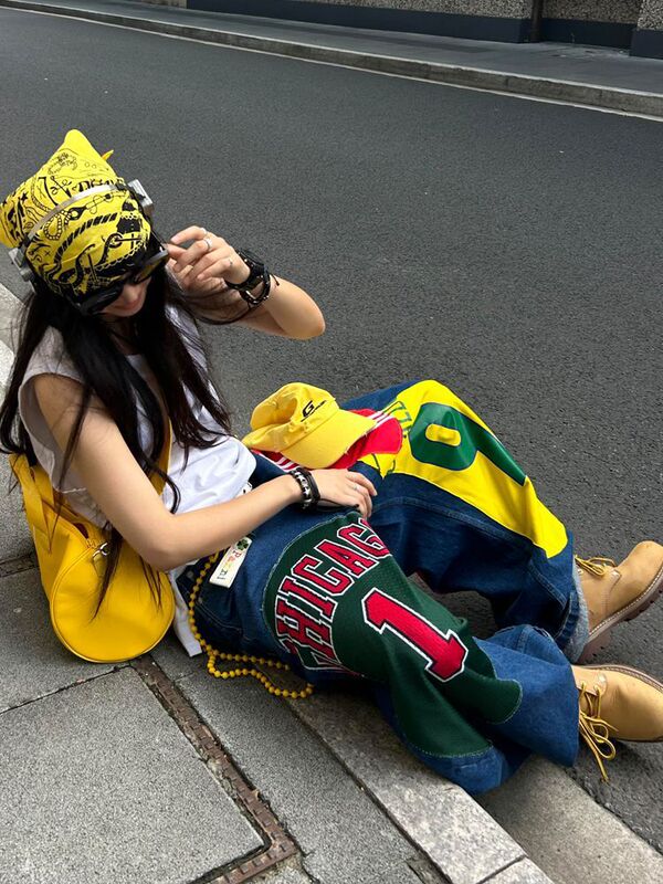 美式大码重磅设计感贴布印花牛仔裤子女辣妹潮流嘻哈阔腿拖地长裤|undefined